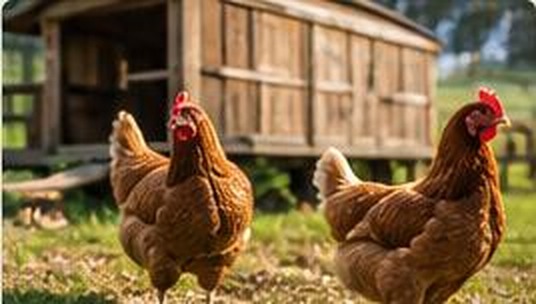 Chickens near a coop